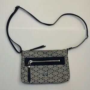 Fossil Dawson Small Crossbody Purse Gray w/ Navy Brown Polka Dots Coated Canvas
